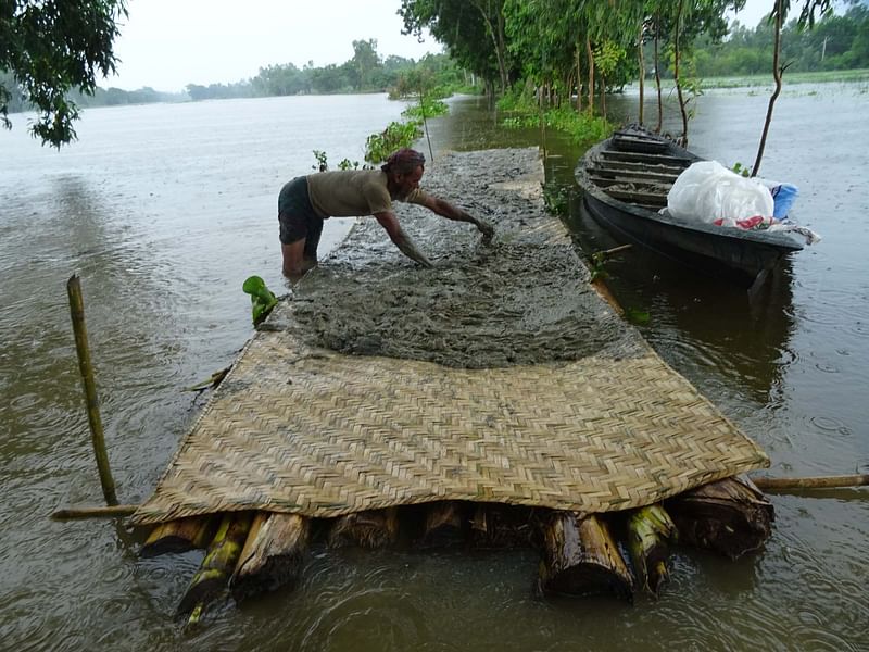 ভাসমান বীজতলা তৈরি করে সেখানে আমন ধানের বীজ বপন করেছেন এক কৃষক। সম্প্রতি আবদুল্লাহপুর গ্রামে, হবিগঞ্জ, সিলেট