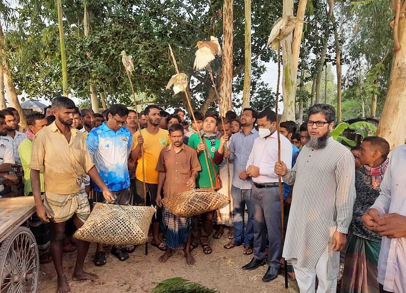 নাটোরের সিংড়ার পাকুরিয়াপাড়া থেকে প্রশাসন ও পরিবেশকর্মীরা ৬০টি পাখিসহ চার শিকারিকে আটক করে। আজ বৃহষ্পতিবার দুপুরে