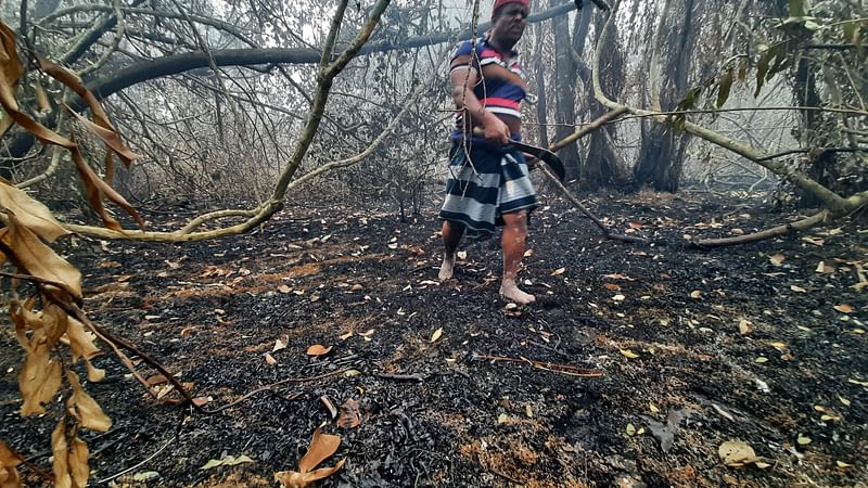 সুন্দরবনের শরণখোলা রেঞ্জের দাসের ভারানি এলাকার ২৪ নম্বর কম্পার্টমেন্টে গত সোমবার সকালে লাগা আগুন মঙ্গলবার দ্বিতীয় দিনে কিছু সময়ের জন্য নিয়ন্ত্রণে আসার পর চিত্র