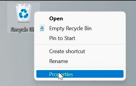 রিসাইকেল বিনের ওপর মাউসের ডান বাটন ক্লিক করে প্রপার্টিজ অপশন খুলতে হবে।