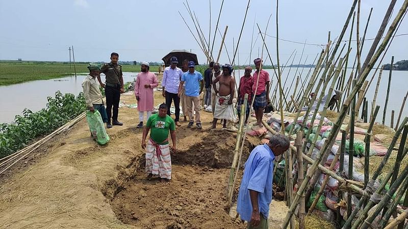 সুনামগঞ্জের মহালিয়া হাওরের ফসল রক্ষা বাঁধে কাজ করছেন লোকজন। বুধবার সকালে