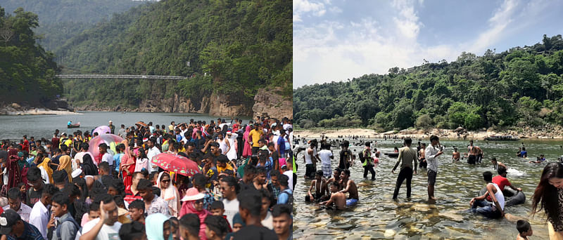 শুক্রবার ও শনিবার জাফলংয়ে বেড়াতে আসা পর্যটক আগের দুই দিনের অর্ধেকেরও বেশি কমেছে। বাম পাশের ছবিটি গত বুধবার তোলা, ডান পাশের ছবিটি শনিবার তোলা