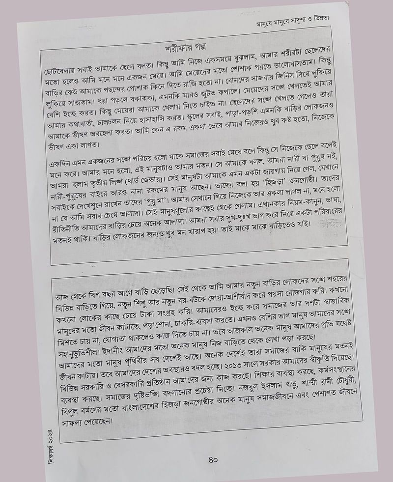 নতুন শিক্ষাক্রমের আলোকে প্রণীত সপ্তম শ্রেণির ইতিহাস ও সামাজিক বিজ্ঞান বইয়ের ‘মানুষে মানুষে সাদৃশ্য ও ভিন্নতা’ বিষয়ক অধ্যায়ের অংশবিশেষের চিত্র