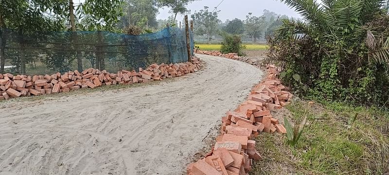 সখীপুরে সড়কের ইট তুলে এভাবেই রাস্তার দুই পাশে রাখা হয়। গতকাল উপজেলার কচুয়া পশ্চিম পাড়ায়