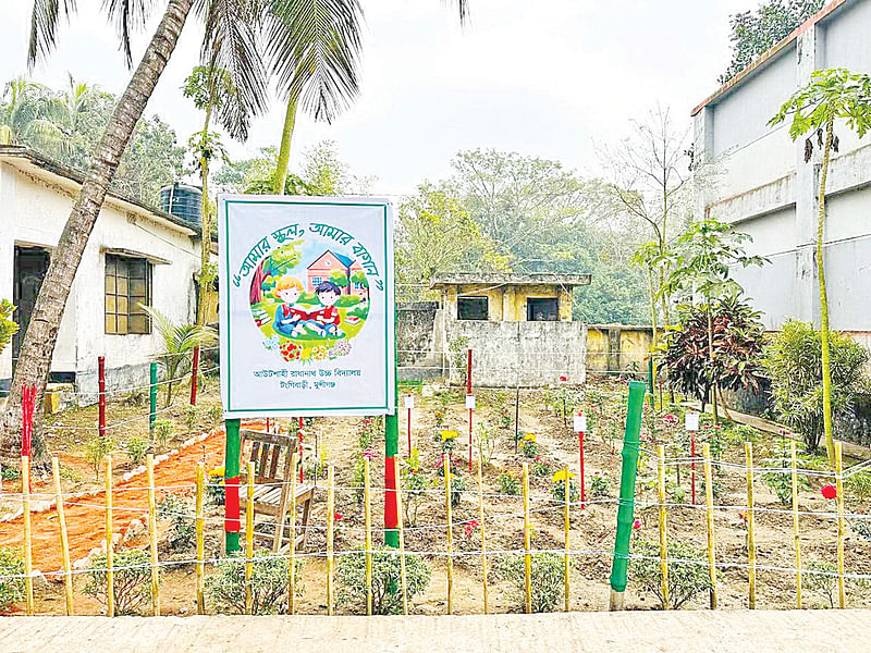 বিদ্যালয়ের পরিত্যক্ত জায়গায় করা ফুলের বাগান। গতকাল দুপুর সাড়ে ১২টার দিকে মুন্সিগঞ্জের টঙ্গিবাড়ী উপজেলার আউটশাহী রাধানাথ উচ্চবিদ্যালয়ে