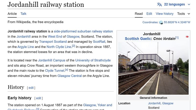গ্লাসগোর জর্ডানহিল রেলস্টেশন নিয়ে প্রকাশিত উইকিপিডিয়ার ১০ লাখতম নিবন্ধ