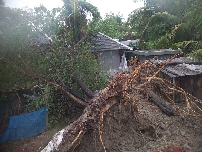 সাতক্ষীরার শ্যামনগর উপজেলার আঠুলিয়া ইউনিয়নের বিড়ালক্ষ্মী গ্রামে গাছ উপড়ে পড়েছে ঘরের ওপর। সোমবার বেলা তিনটায়