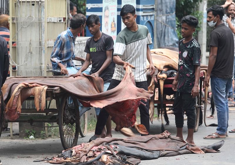 মানুষের বাসা থেকে চামড়া সংগ্রহ করে আনেন মৌসুমি চামড়া ব্যবসায়ীরা। পরে তাঁরা আড়তদারের কাছে বিক্রি করে দেন। আজ দুপুর ১২টায় চট্টগ্রাম নগরের চৌমহনী এলাকায়।