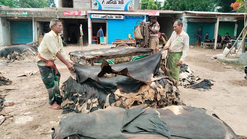 চামড়ায় লবণ মাখিয়ে সংরক্ষণের চেষ্টা করছেন ব্যবসায়ীরা। আজ মঙ্গলবার দুপুরে যশোরের রাজারহাট চামড়ার মোকামে