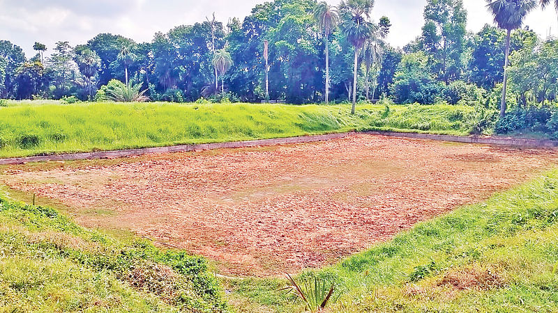 নড়াইল মৎস্য বীজ উৎপাদন খামারের পানিশূন্য একটি পুকুর। গত মঙ্গলবার সকালে শহরের বউবাজার এলাকায়