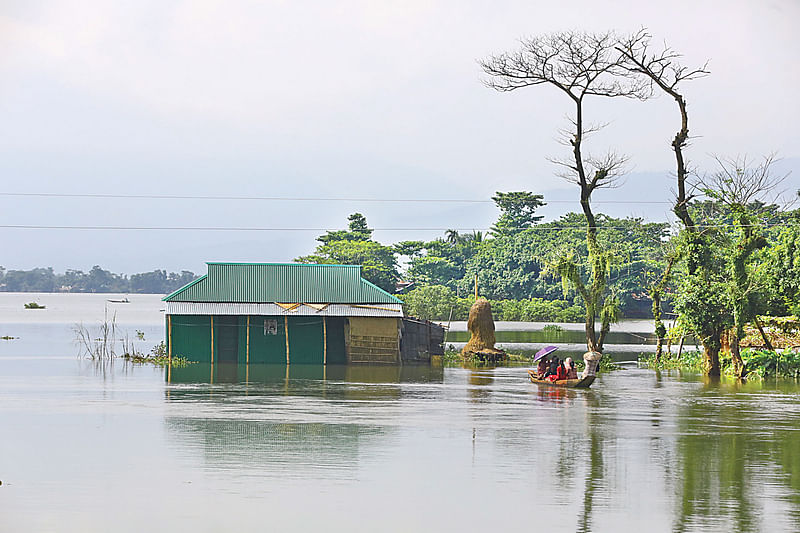 সিলেটে ভারী বৃষ্টি ও পাহাড়ি ঢলে এখনো পানিবন্দী কোম্পানীগঞ্জ উপজেলার সব কটি গ্রাম। ডুবে থাকা ঘরের পাশ দিয়ে নিরাপদ স্থানের দিকে নৌকায় যাচ্ছে মানুষ। গত শুক্রবার উপজেলার তেলিখাল এলাকায়