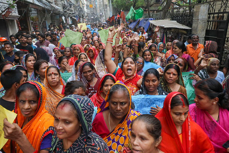 পুরান ঢাকার মিরনজিল্লা কলোনি থেকে হরিজনদের উচ্ছেদ না করার দাবিতে বিক্ষোভ। ঢাকা, ৬ জুন, ২০২৪