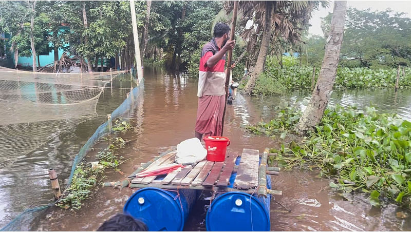 বন্যায় ভেসে গেছে চাষ করা মাছ। আজ বুধবার চাঁদপুরের ফরিদগঞ্জ উপজেলার কেরোয়া গ্রামে