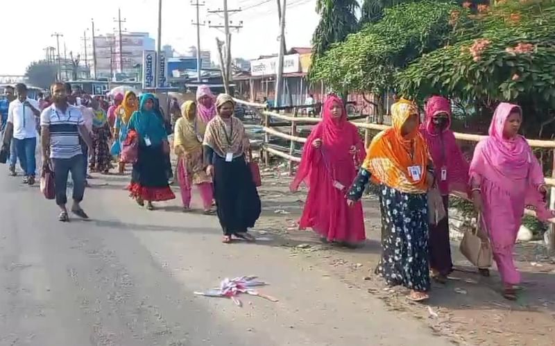 তৈরি পোশাক কারখানার শ্রমিকেরা কারখানায় যাচ্ছেন। আজ বুধবার সকালে সাভারের আশুলিয়ার জিরানী এলাকায়