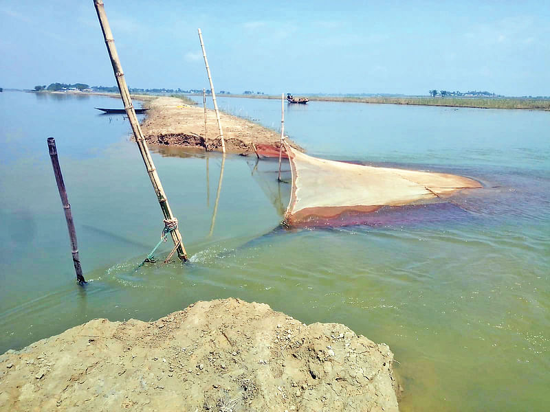 হাওরের ফসলরক্ষা বঁাধ কেটে চলছে মাছ শিকার। গত শনিবার দুপুরে সুনামগঞ্জের ধর্মপাশা উপজেলার রুই বিল হাওরে