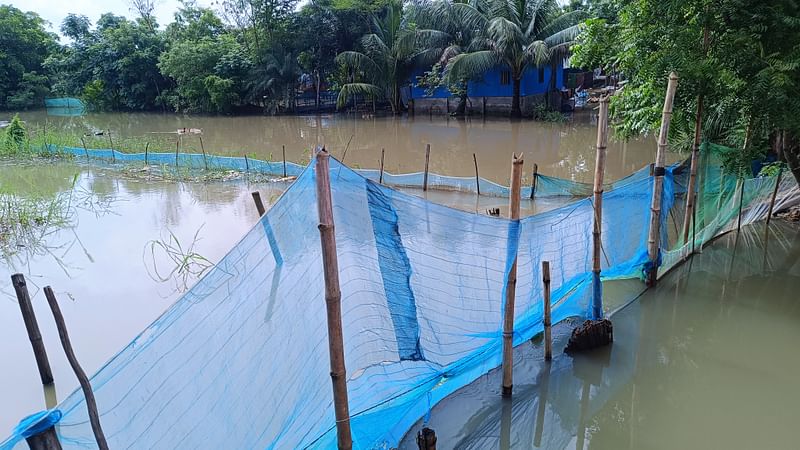 খুলনার কয়রা উপজেলার শাকবাড়িয়া খালের মাঝে নেট দিয়ে মাছ চাষ করায় পানিপ্রবাহ বাধাগ্রস্ত হচ্ছে। মঙ্গলবার কয়রার মদিনাবাদ গ্রাম সংলগ্ন এলাকায়