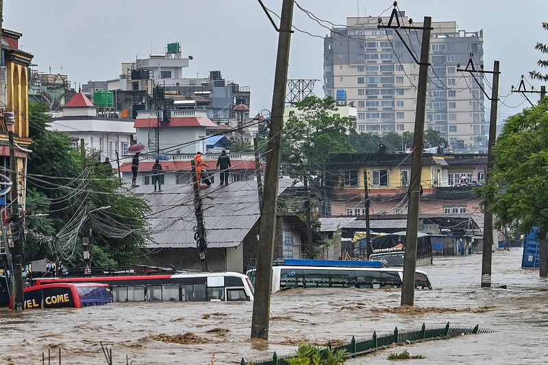 নেপালের কাঠমান্ডুর একটি এলাকা বন্যার পানিতে প্লাবিত। কাঠমান্ডু, নেপাল, ২৮ সেপ্টেম্বর ২০২৪