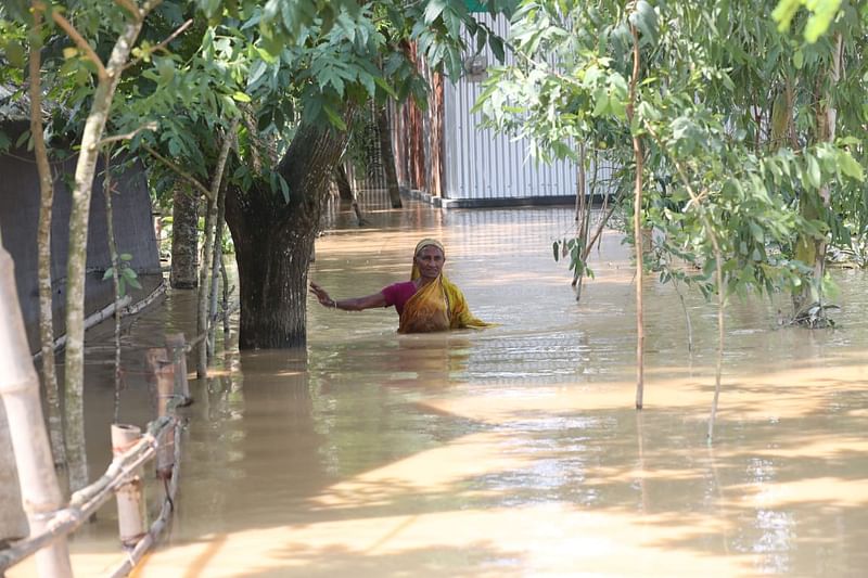 শেরপুরের নালিতাবাড়ী উপজেলায় চার দিন ধরে বাড়ি-ঘরে বন্যার পানি ওঠায় পরিবার ও সন্তানদের নিয়ে বিপাকে পড়েছেন আলোয়া বেগম