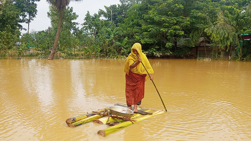 শেরপুরের নালিতাবাড়ীতে পানিবন্দী মানুষের দুর্ভোগ বেড়েছে। পাশের উঁচু সড়ক থেকে প্রয়োজনীয় বাজার শেষে কলাগাছের ভেলায় করে বাড়ি ফিরছেন এক নারী। গতকাল দুপুরে কাপাসিয়া গ্রামে