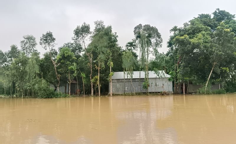 বন্যার পানি ঢুকেছে বসতবাড়িতে। আজ বৃহস্পতিবার ফুলপুর উপজেলার পলাশকান্দা গ্রামে