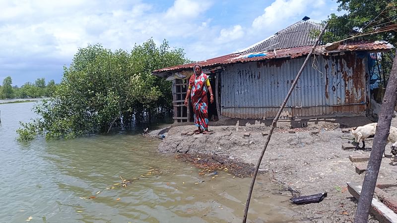 শাকবাড়িয়া নদীর তীরে পারুল রানীর বসতঘর। ঘূর্ণিঝড় দানার আঘাতে ক্ষয়ক্ষতির আশঙ্কা ঘিরে ধরেছে তাঁকে। আজ দুপুরে খুলনার কয়রা উপজেলার পাথরখালী গ্রামে