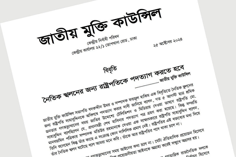 অন্তর্বর্তী সরকার সংস্কারের নামে বেশি সময় নিলে তা জনগণের কাছে গ্রহণযোগ্য হবে না বলে মনে করে জাতীয় মুক্তি কাউন্সিল