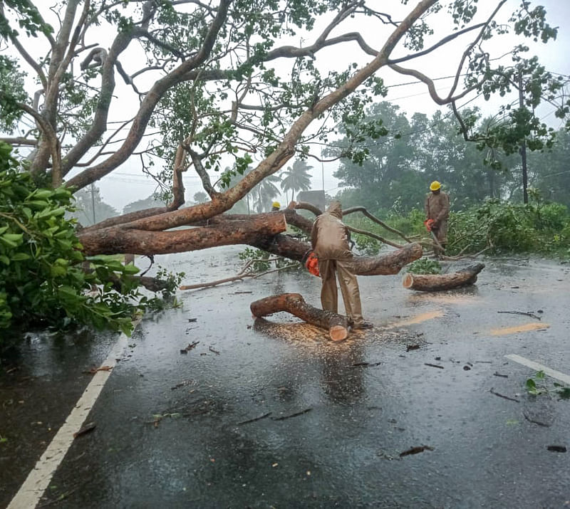 ঘূর্ণিঝড় দানার প্রভাবে রাস্তায় ভেঙে পড়ে গাছ। সেগুলো কেটে যোগাযোগ ব্যবস্থা স্বাভাবিক রাখার চেষ্টা করছেন ফায়ার সার্ভিসের সদস্যরা। শুক্রবার ওডিশার ভদ্রকে