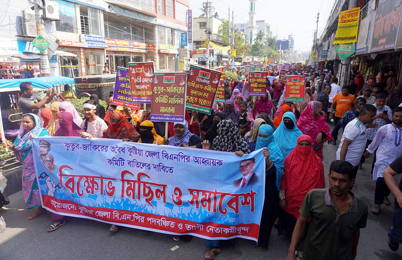 কুষ্টিয়া জেলা বিএনপির আহ্বায়ক কমিটি বাতিলের দাবিতে পদবঞ্চিত নেতা-কর্মীরা বিক্ষোভ মিছিল করেন। বুধবার সকালে কুষ্টিয়া শহরের এনএসরোডের থানা মোড় এলাকায়