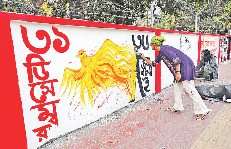 ‘জুলাই বিপ্লবের ঘোষণাপত্র’ ঘোষণা করা হবে আগামীকাল ৩১ ডিসেম্বর। এ বিষয় সামনে রেখে ঢাকা বিশ্ববিদ্যালয়ের বিভিন্ন দেয়ালে নতুন করে আঁকা হচ্ছে গ্রাফিতি, দেয়াললিখন। গতকাল বিকেলে বিশ্ববিদ্যালয়ের শিববাড়ি এলাকায়