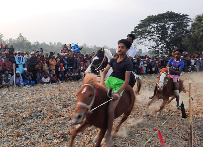 প্রতিযোগিতায় জয়ের লক্ষ্যে ঘোড়াগুলো ছুটে চলেছে। গতকাল বিকেলে নওগাঁর মান্দা উপজেলার গোবিন্দপুর এলাকার