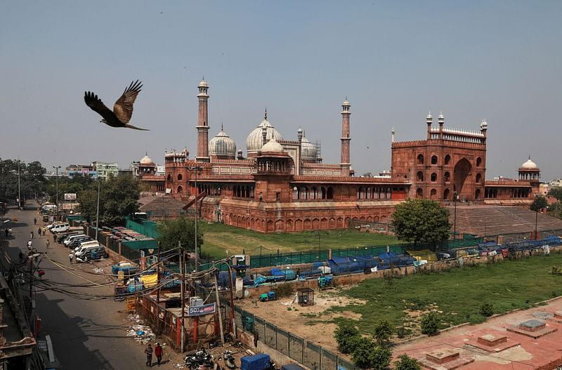 A nearly empty road is seen next to Jama Masjid (Grand Mosque) during a 14-hour long curfew to limit the spreading of coronavirus disease in the country, in the old quarters of Delhi, India.