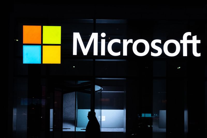 A signage of Microsoft is seen on 13 March 2020 in New York City