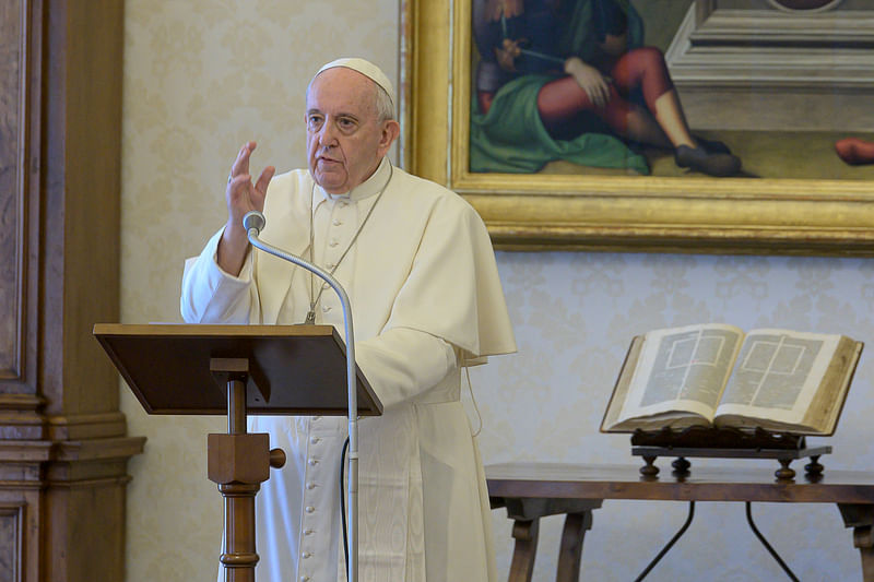 Pope Francis leads the Regina Coeli prayer from the Library of the Apostolic Palace without public participation due to the coronavirus disease (COVID-19) outbreak, at the Vatican on 24 May 2020