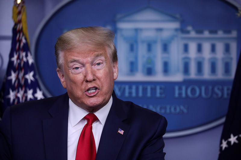 Former US president Donald Trump delivers a statement to reporters about reopening places of worship by declaring them "essential" in the Brady Press Briefing Room at the White House in Washington, US on 22 May.