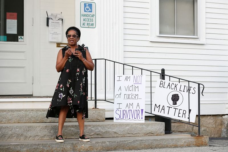 Denise Richardson Gordon of Pittsfield, New Hampshire, talks about her experiences with racism during a Black Lives Matter protest against racial injustice in Gilmanton, New Hampshire, US, on 20 June 2020