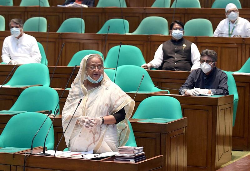 Prime minister Sheikh Hasina a discussion in the Jatiya Sangsad on 14 June 2020 on the obituary references at the deaths of lawmaker Mohammed Nasim and state minister for religious affairs advocate Sheikh Md Abdullah