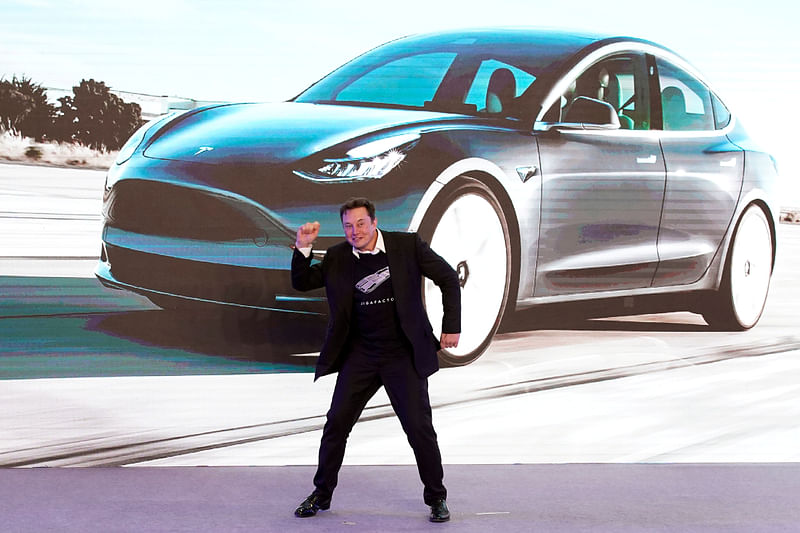 Tesla Inc CEO Elon Musk dances onstage during a delivery event for Tesla China-made Model 3 cars in Shanghai, China, 7 January 2020.