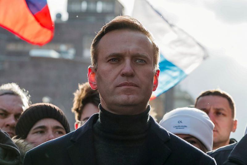 Russian opposition politician Alexei Navalny takes part in a rally to mark the 5th anniversary of opposition politician Boris Nemtsov's murder and to protest against proposed amendments to the country's constitution, in Moscow, Russia, 29 February 2020.