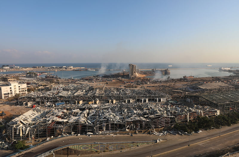 A general view shows the damage at the site of Tuesday's blast in Beirut's port area, Lebanon on 5 August 2020