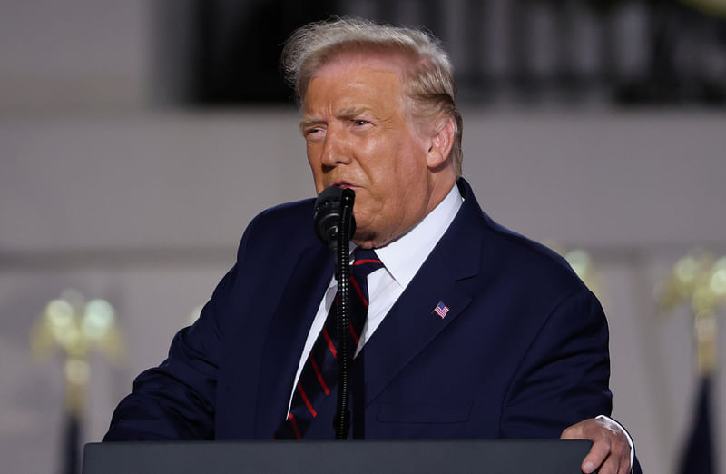 US president Donald Trump delivers his acceptance speech as the 2020 Republican presidential nominee during the final event of the Republican National Convention on the South Lawn of the White House in Washington, US, on 27 August 2020