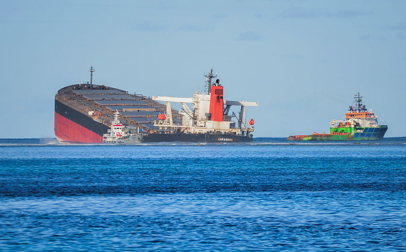 A general view shows the bulk carrier ship MV Wakashio, belonging to a Japanese company but Panamanian-flagged, that ran aground on a reef, at the Riviere des Creoles, Mauritius, 11 August, 2020.