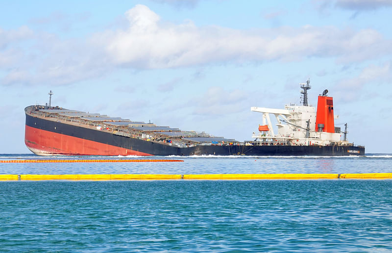 A general view shows the bulk carrier ship MV Wakashio, belonging to a Japanese company but Panamanian-flagged, ran aground on a reef, at the Riviere des Creoles, Mauritius on 13 August 2020