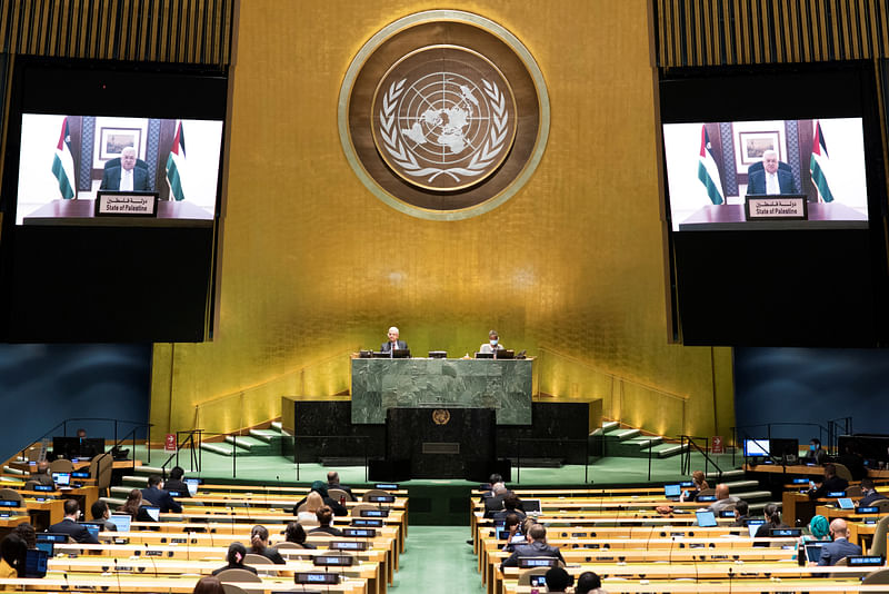 Palestinian president Mahmoud Abbas speaks virtually during the 75th annual UN General Assembly, which is being held mostly virtually due to the coronavirus disease (COVID-19) pandemic in the Manhattan borough of New York City, New York, US, on 25 September 2020