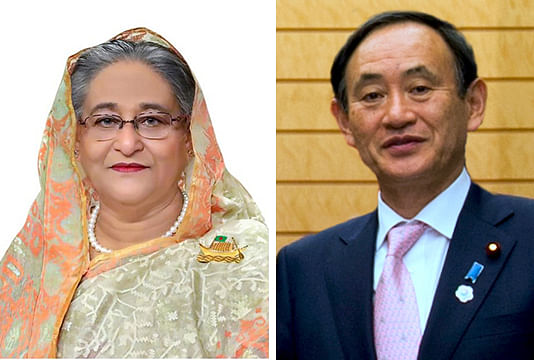 A combination of pictures shows Bangladesh's prime minister Sheikh Hasina and Japan's prime minister Yoshihide Suga