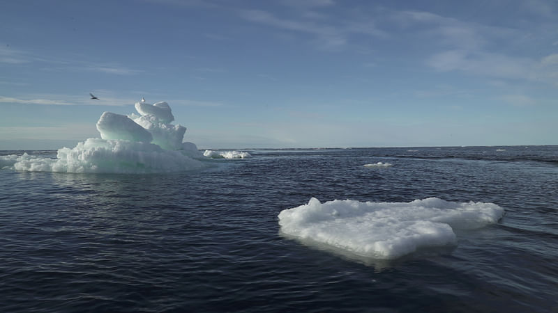 Floating ice is seen during the expedition of the The Greenpeace's Arctic Sunrise ship at the Arctic Ocean, 14 September  2020.