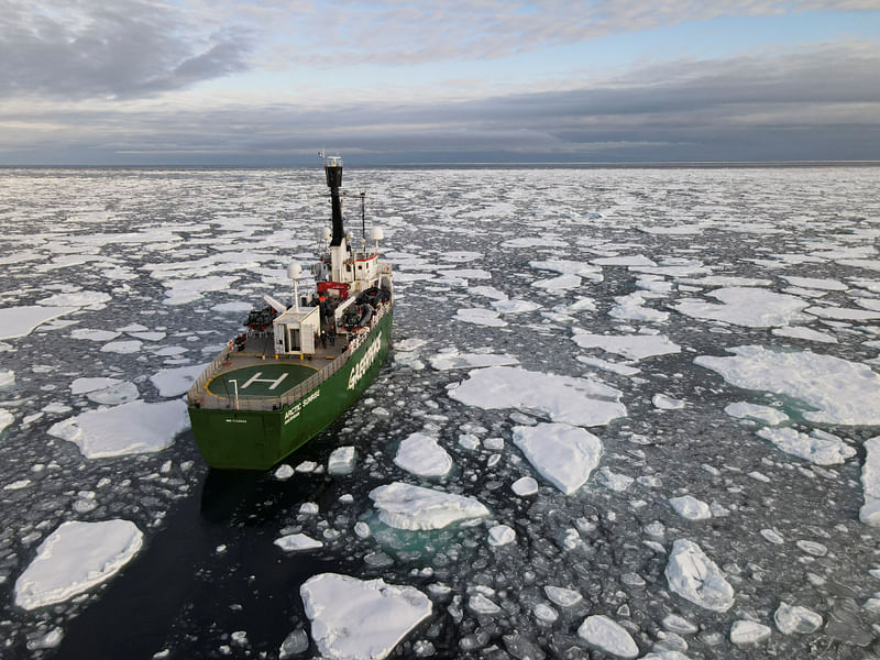 Greenpeace's Arctic Sunrise ship navigates through floating ice in the Arctic Ocean, 15 September 2020.