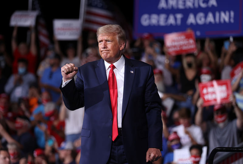 US president Donald Trump concludes a campaign rally at Smith Reynolds Regional Airport in Winston-Salem, North Carolina, US, 8 September, 2020.