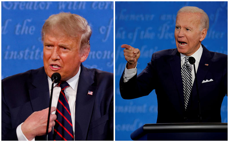 A combination picture shows US president Donald Trump and Democratic presidential nominee Joe Biden speaking during the first 2020 presidential campaign debate, held on the campus of the Cleveland Clinic at Case Western Reserve University in Cleveland, Ohio, US, on 29 September 2020