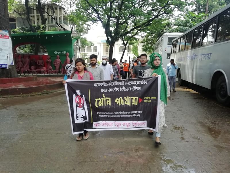 Jagannath University students on Tuesday, 6 October, march in silent protest against rape and abuse of women