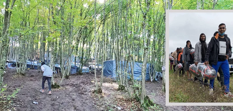 Bangladeshsi asylum seekers in makeshift plastic-sheet shelters in Bosnian forests